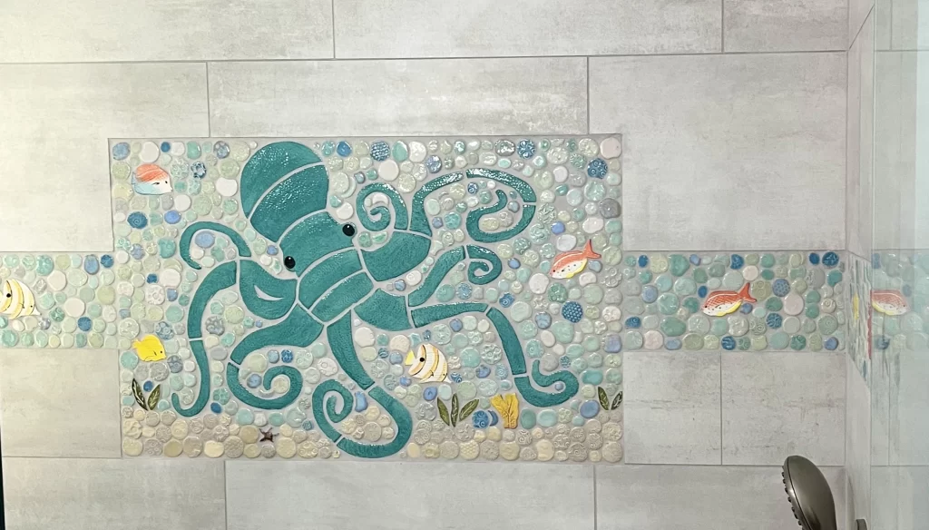 Octopus Shower insert, kitchen backsplash or floor inlay with 6" nautical border.