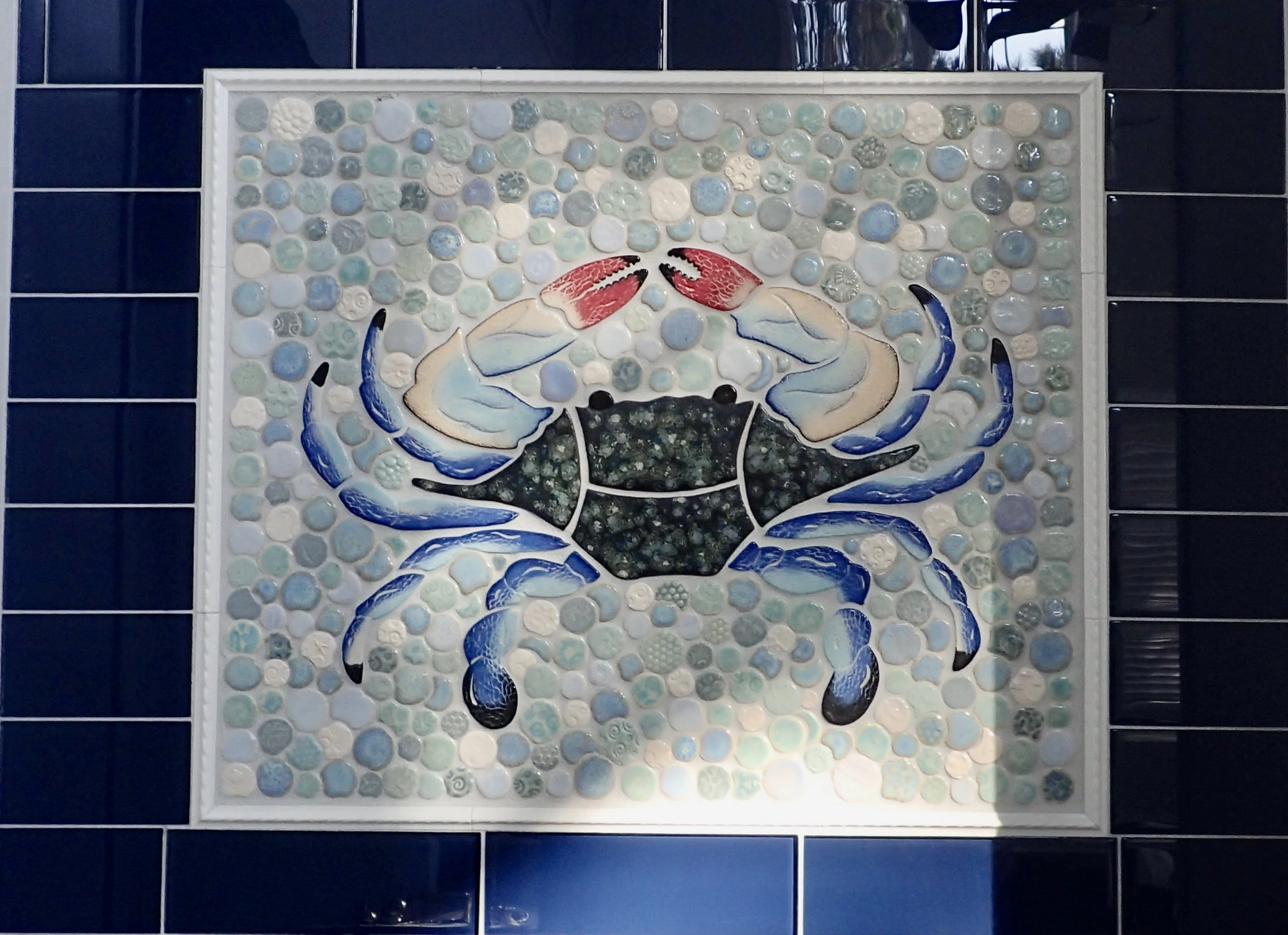 Blue Crab kitchen backplash, floor inlay or shower insert ceramic mosaics.