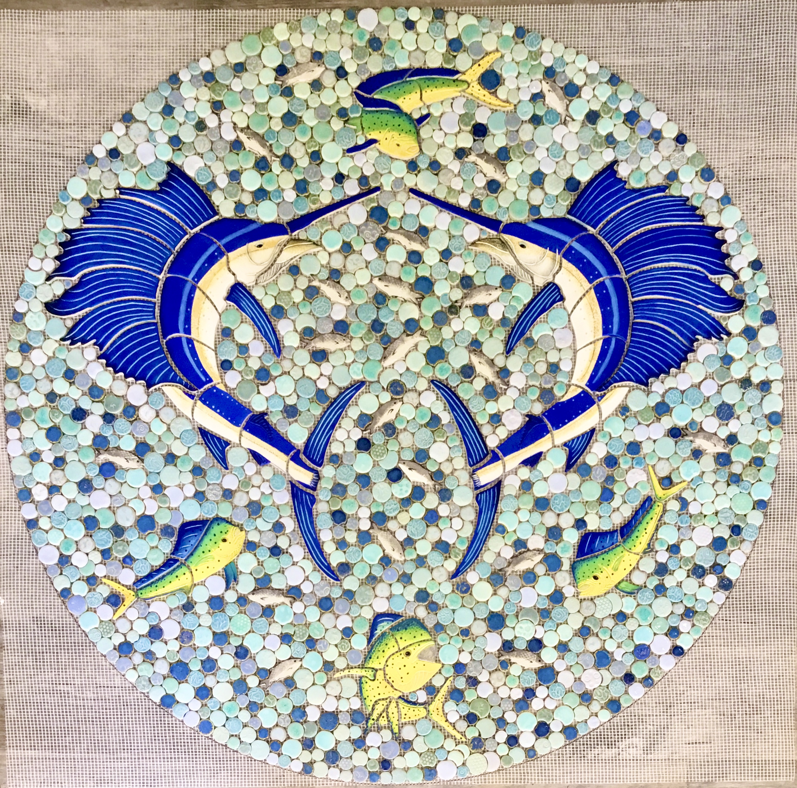 Sailfish with Mahi-Mahi and baitfish ceramic mosaic table top